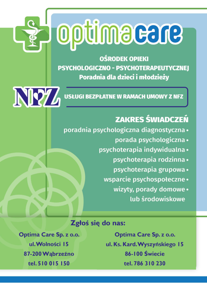 Plakat  optimacare Ośrodek Opieki Psychologiczno-Terapeutycznej  Poradnia dla dzieci i młodzieży.